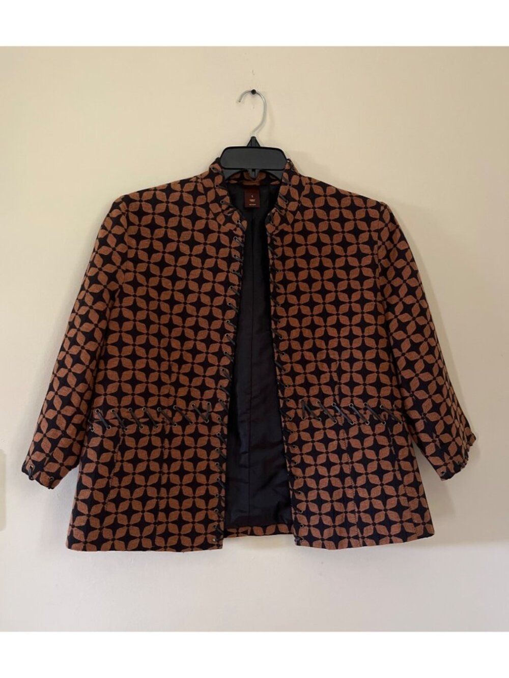 Multiples Womens Large Brown Black Open Blazer Jacket 3/4 Sleeve Career Wear